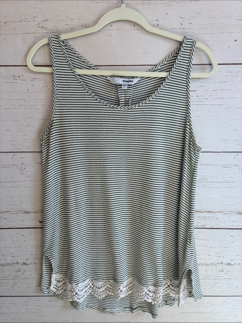 Sonoma Cream and Green  Striped Tank with Crochet Front Hem, size L